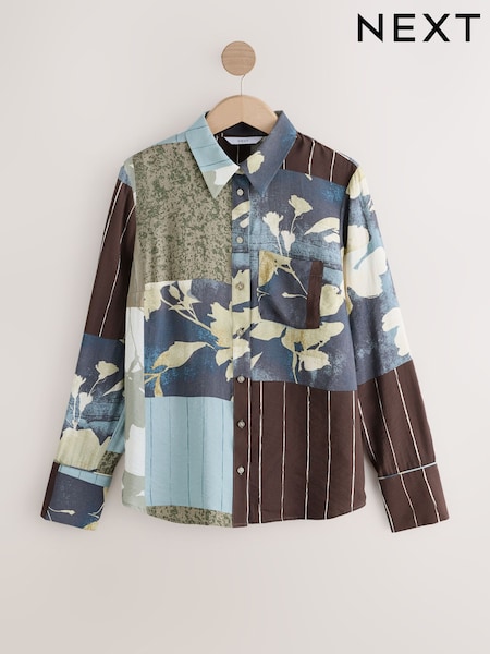 Blue Abstract Spliced Print Long Sleeve Button Down Shirt (F40985) | €27