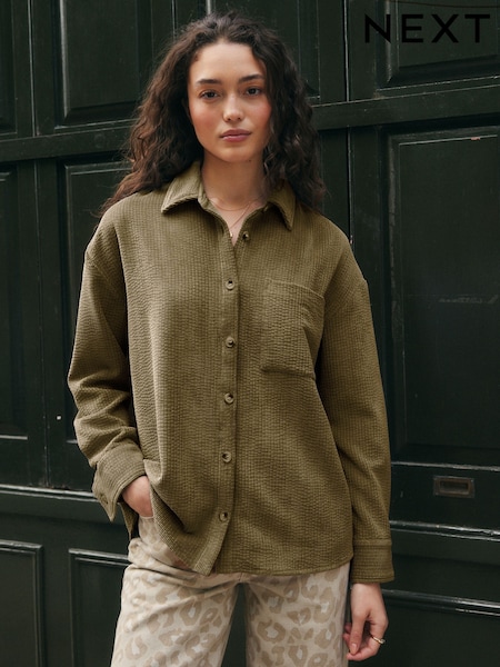 كاكي أخضر - Corduroy Long Sleeve Shacket (F40997) | ‏171 ر.ق.