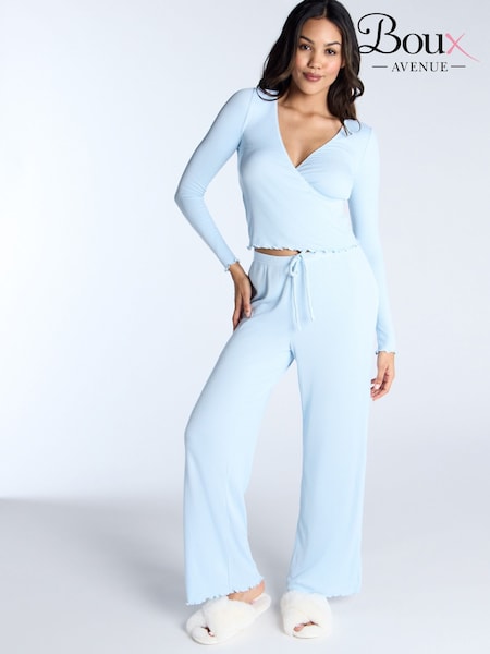 Boux Avenue Blue Rib Wrap Top & Pant Pyjamas Set (F41024) | $73