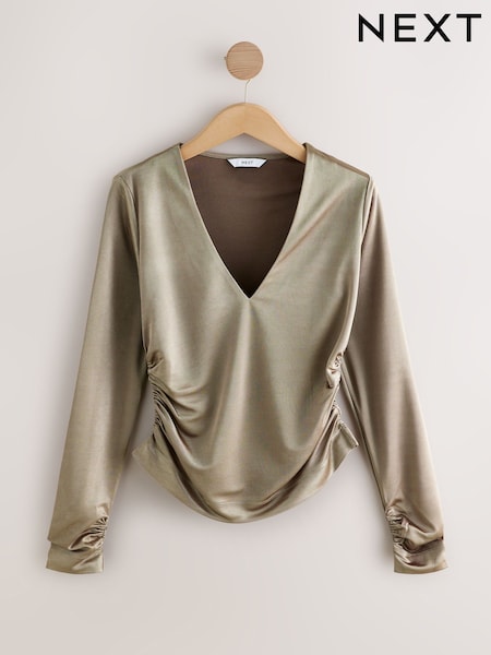 Gold Satin Jersey V-Neck Long Sleeve Top (F41040) | AED109