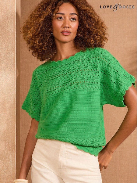 Love & Roses Green Scallop Stitch Grown On Sleeve Knit Top (F41055) | €54