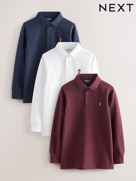 Navy/White/Berry Long Sleeve Polo Shirts 3 Pack (3-16yrs) (F41104) | 119 QAR - 193 QAR