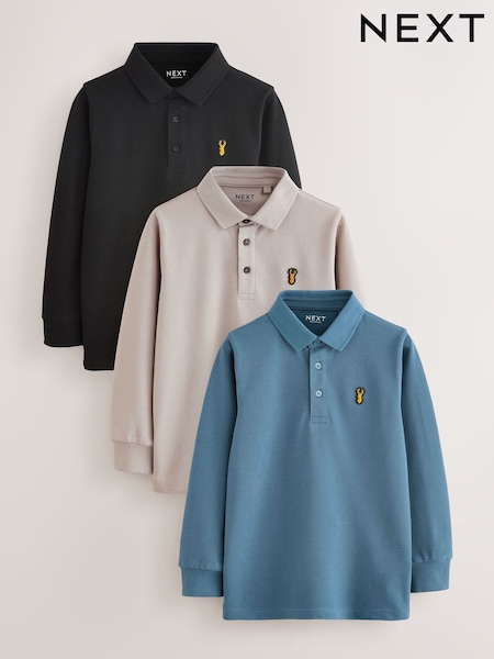 Blue/Black/Grey Long Sleeve Polo Shirts 3 Pack (3-16yrs) (F41107) | 119 QAR - 193 QAR