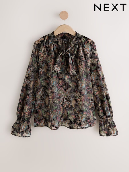 Black/Multi Flocked Velvet Paisley Blouse (F41118) | OMR25