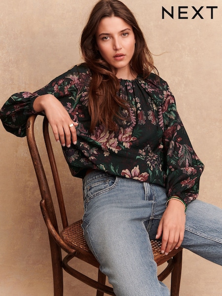 Black Floral Print Long Sleeve Bubble Hem Top (F41120) | €42