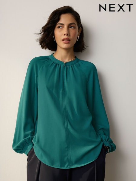 Teal Blue Long Sleeve V-Neck Blouse (F41123) | AED105