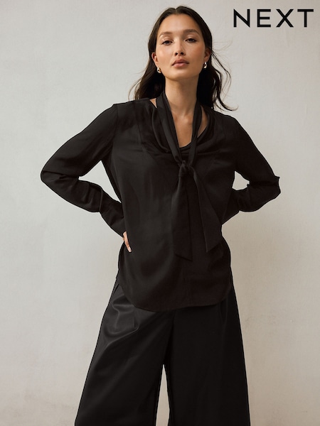 Black Long Sleeve Drape Tie-Neck Top (F41125) | €38