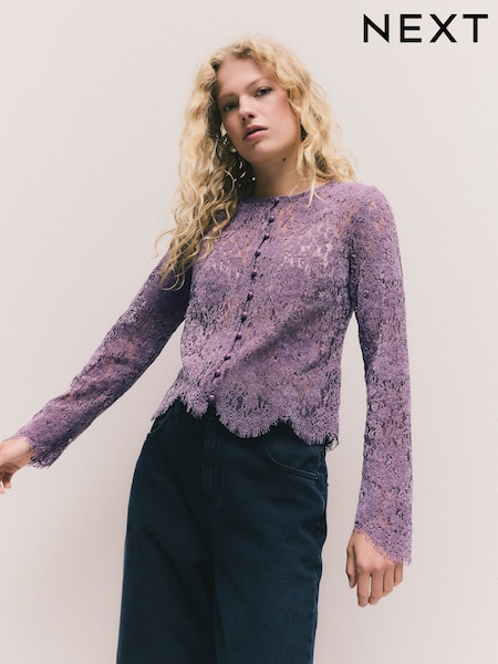 Roxo lilás - Flocked Velvet Button Down Long Sleeve Top (F41130) | R$ 390