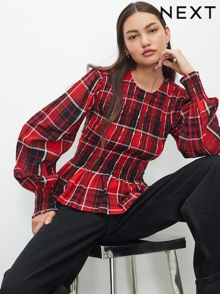 Cheque vermelho - Smocked Long Sleeve Top (F41365) | R$ 260