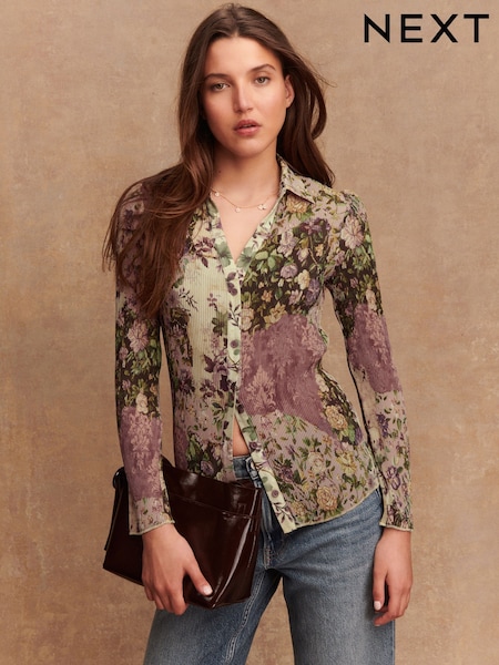 Pink/Cream Floral Print Pleated Long Sleeve Fitted Shirt (F41370) | AZN 65