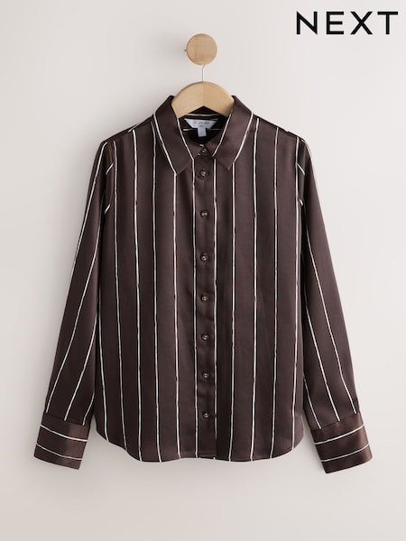 Chocolate Brown Stripe Satin Long Sleeve Shirt (F41372) | €54