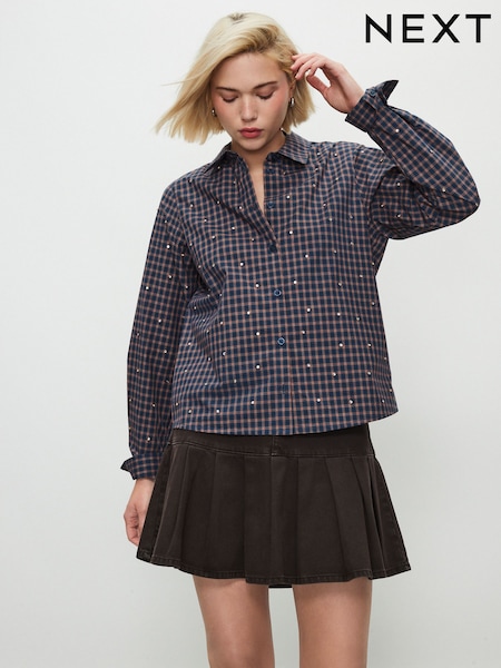 Xadrez azul marinho/vermelho - Gem Embellished Long Sleeve Shirt (F41374) | R$ 365