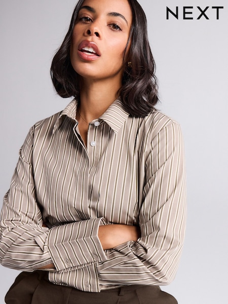 Mocha Brown Stripe Fitted Stretch Essential Long Sleeve Shirt (F41380) | R$ 175