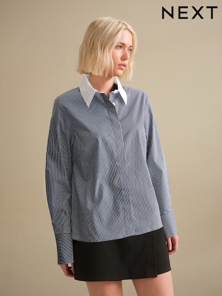 Black/White Stripe Contrast Collar Fitted Stretch Essential Long Sleeve Shirt (F41382) | €21