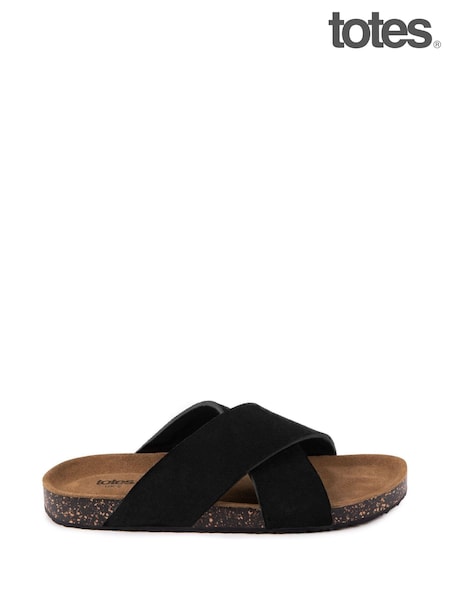 Totes Black Ladies Suede Cross Strap Sandals (F41406) | ₪201