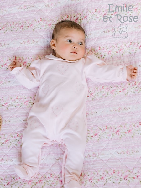Emile Et Rose Pink 100% Cotton All-In-One With Embroidered Floral Hearts & Collar (F41439) | ₪191