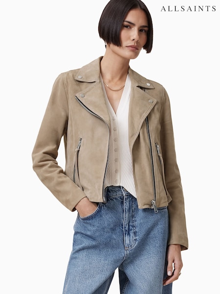 AllSaints Greige Brown Suede Dalby Biker Jacket (F41514) | $610