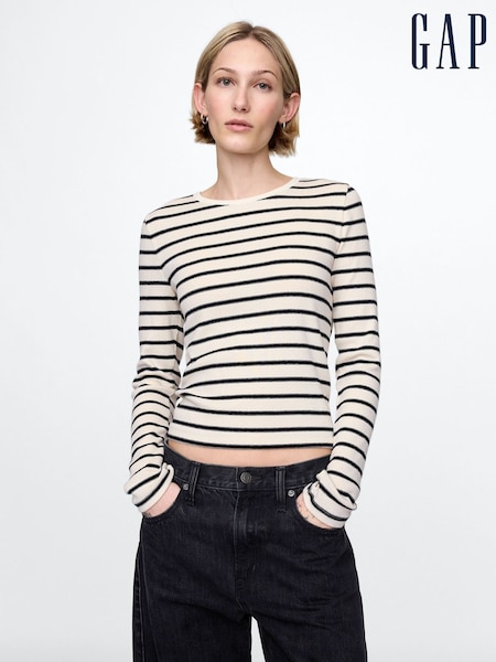 Gap Cream Stripe Long Sleeve Modern Cotton-Modal Crew Neck T-Shirt (F41635) | kr428