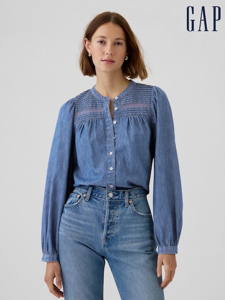 Gap Blue Puff-Sleeve Lace-Trim Denim Shirt (F41641) | €52