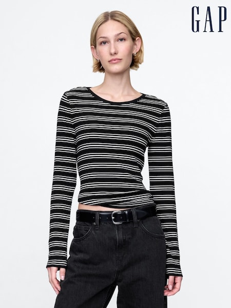 Gap Black Stripe Long Sleeve Modern Cotton-Modal Crew Neck T-Shirt (F41646) | kr428