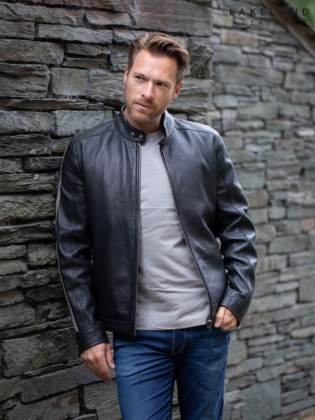 Lakeland Leather Black Morton Contrast Stripe Stand Collar Biker Jacket (F41673) | kr4 269
