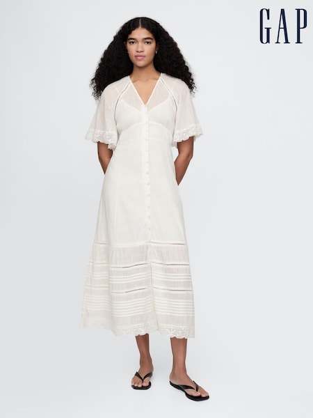 Белый - Gap 100% Cotton V-Neck Lace-Trim Midi Dress (F41680) | €125
