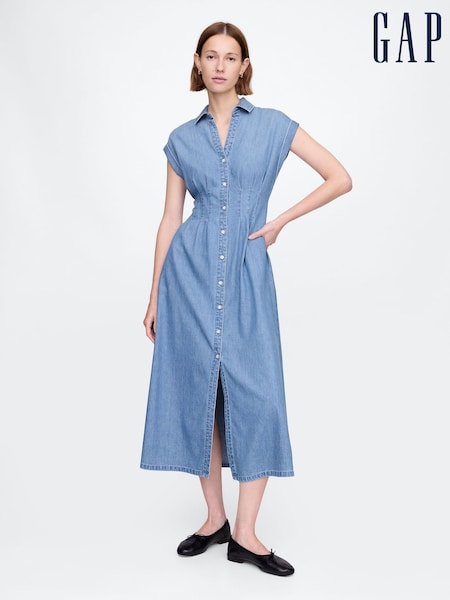 Gap Blue Denim Pleated Midi Shirt Dress (F41682) | €93