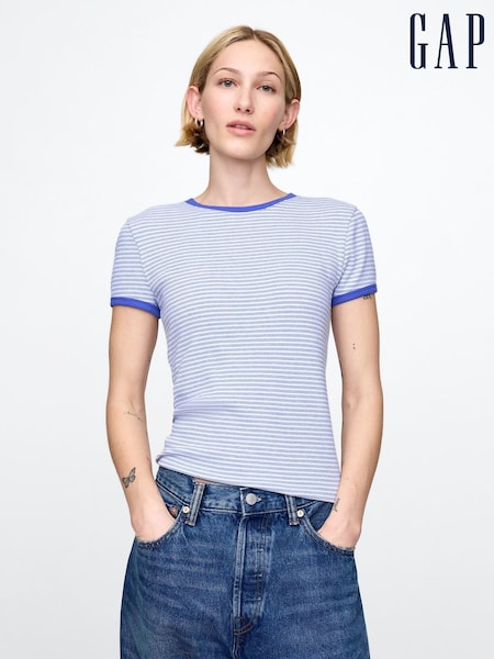 Blau - Gap – modernes, Gap Kurzarm geripptes, gestreiftes Cropped T-Shirt aus Baumwoll-Modal (F41697) | 38 €