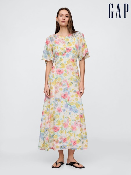 Белые с цветочным узором - Gap Voile Flutter-Sleeve Maxi Dress (F41701) | €119