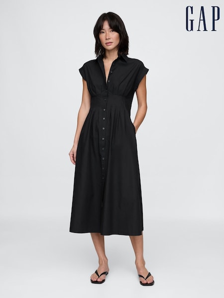 Черный - Gap 100% Cotton Poplin Button Front Midi Shirt Dress (F41707) | €86