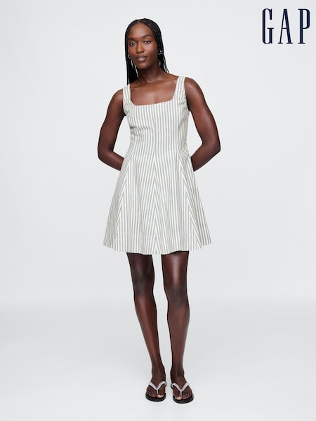 Gap Green Stripe Heavyweight Square Neck Linen-Blend Mini Dress (F41715) | kr1 071