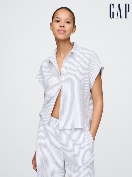 Gap Blue Stripe Linen-Blend Cropped Shirt (F41726) | kr571