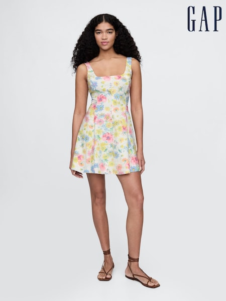 Gap Cream Floral Heavyweight Square Neck Linen-Blend Mini Dress (F41735) | kr1 071
