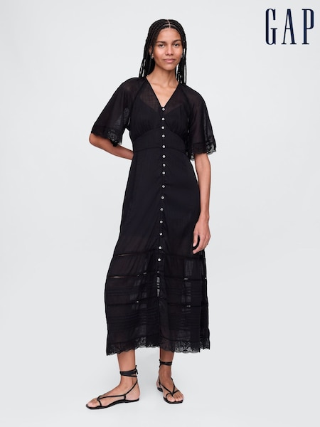 Черный - Gap 100% Cotton V-Neck Lace-Trim Midi Dress (F41740) | €125