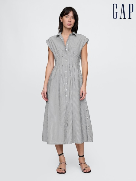 Gap Black Stripe 100% Cotton Poplin Button Front Midi Shirt Dress (F41741) | € 101
