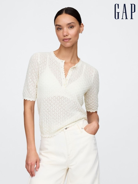 Gap Beige Linen-Blend Pointelle Henley Top (F41799) | €52