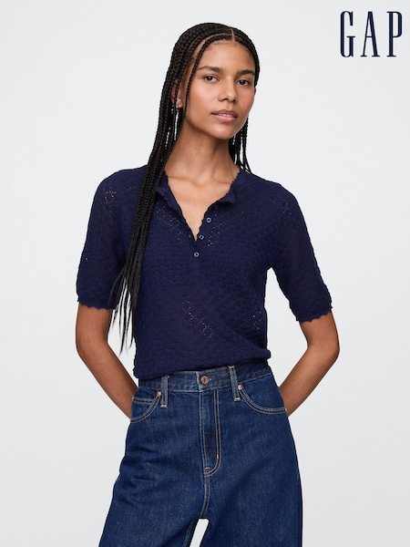 Gap Navy Blue Linen-Blend Pointelle Henley Top (F41822) | €52