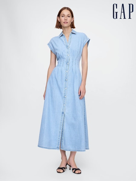 Gap Light Blue Denim Pleated Midi Shirt Dress (F41828) | €75