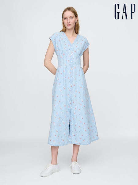 Gap Blue Floral Pleated Denim Midi Dress (F41840) | €75