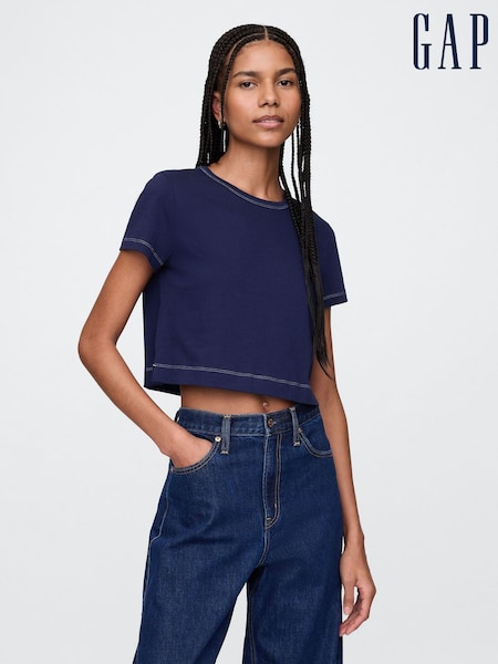 Gap Denim Blue Cotton Crew Neck Cropped T-Shirt (F41842) | €20