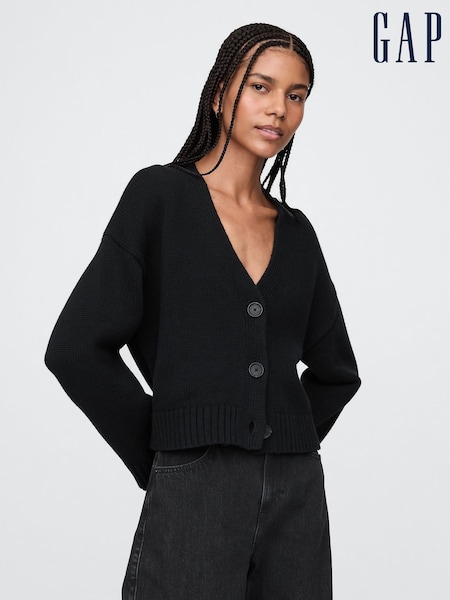 črna - Gap 100% Cotton V Neck Cropped Cardigan (F42034) | € 59
