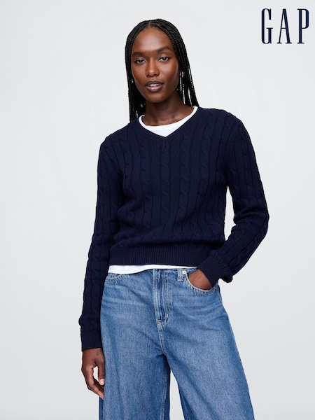 Laivasto/Sininen - Gap Classic Cable-Knit V-kaula-aukko Neulepusero (F42056) | €63