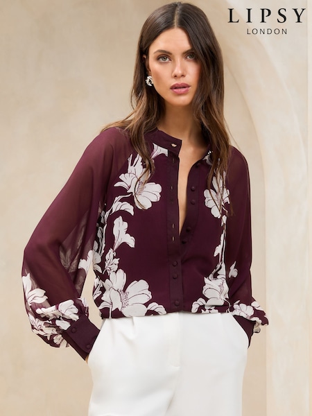 Μπορντό - Lipsy Long Sleeve Grandad Collar Blouse (F42182) | 66 €
