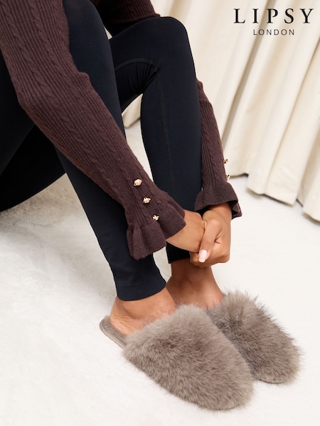 Lipsy Chocolate Brown Faux Fur Ultra Fluffy Close Toe Mule Nightwear Mule Slippers (F42196) | €28