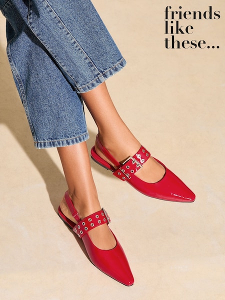 Friends Like These Red Buckle Slingback Pointed Toe Faux Patent Leather Ballerina Shoes (F42245) | €48