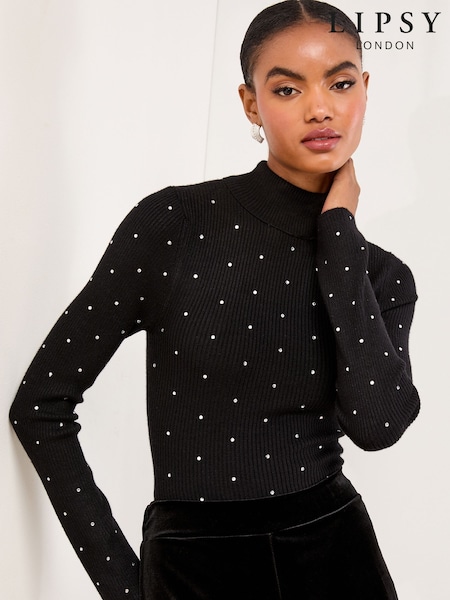 Lipsy Black Hotfix Knitted Roll Neck Jumper (F42255) | AED198