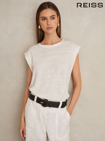 Reiss White Mara Linen Cap-Sleeve T-Shirt (F42256) | $191