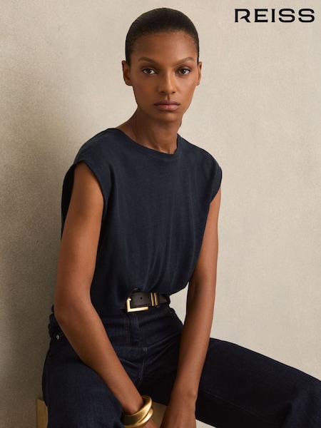 Reiss Navy Mara Linen Cap-Sleeve T-Shirt (F42261) | $191