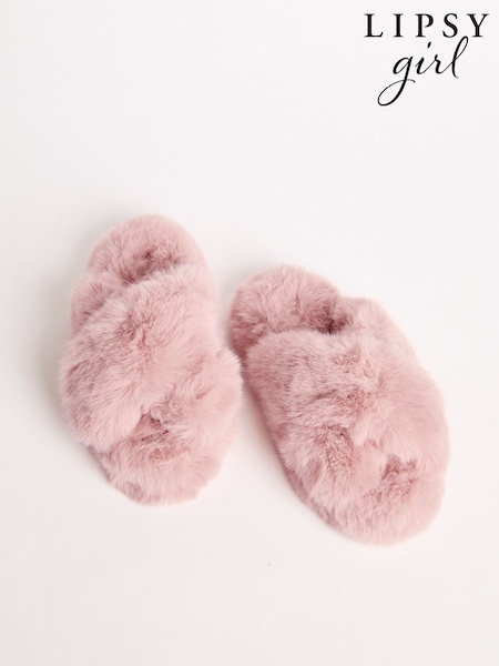 Lipsy Pink Faux Fur Cross Strap Slippers (F42318) | R$ 110 - R$ 150
