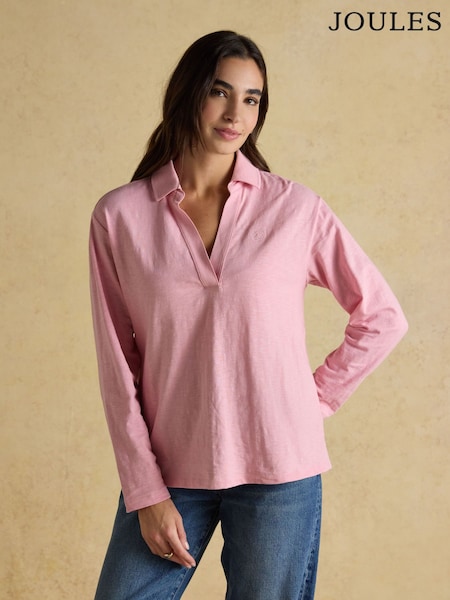Joules Tallie Pink Combed Cotton Slub Collared Top (F42320) | AED227